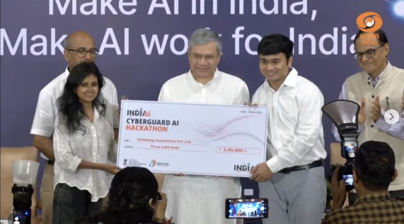Receiving the IndiaAI I4C CyberGuard AI Hackathon award, New Delhi